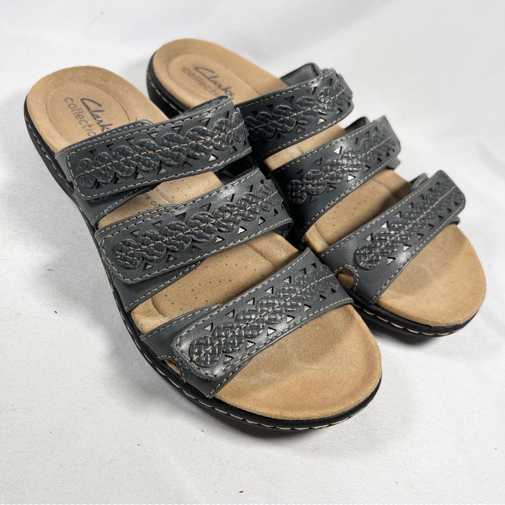 Clarks Collection Leather Slide Sandals Laurieann Cove Blue Gray Size 6